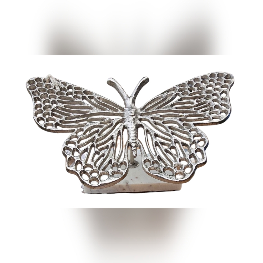 Beautiful Butterfly Decor Silver Metal Sculpture on Marble Stand 7"x11"x5"Tall - Picture 6 of 12